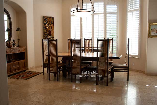 custom made ash and walnut dining table set with eight chairs and matching hall table